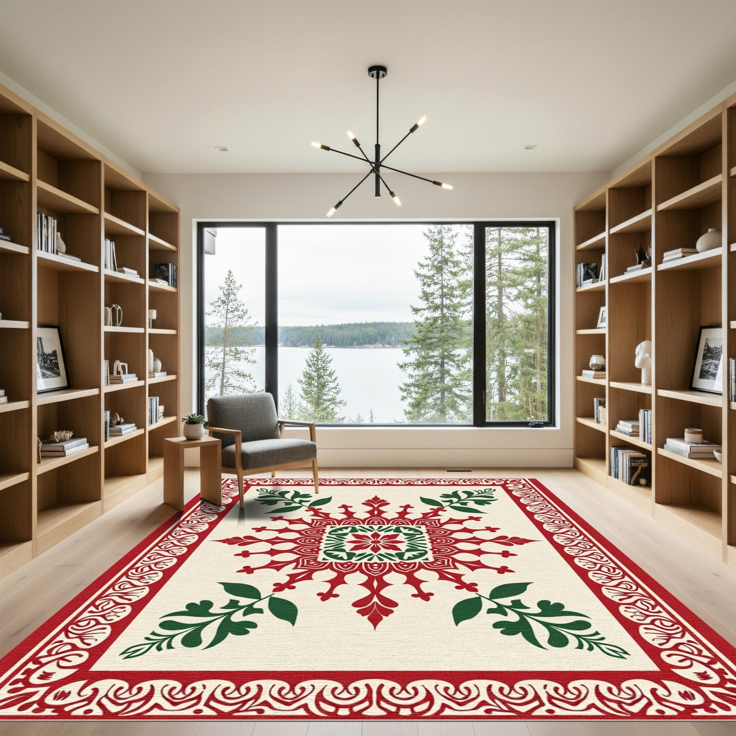 Red Green Floral Medallion Border Rug