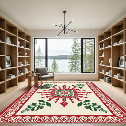 Red Green Floral Medallion Border Rug