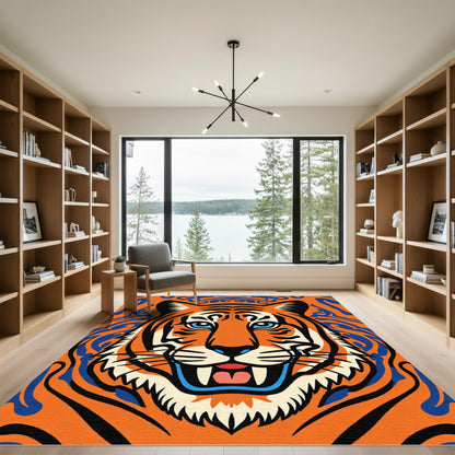 Bold Orange Blue Tiger Face Rug