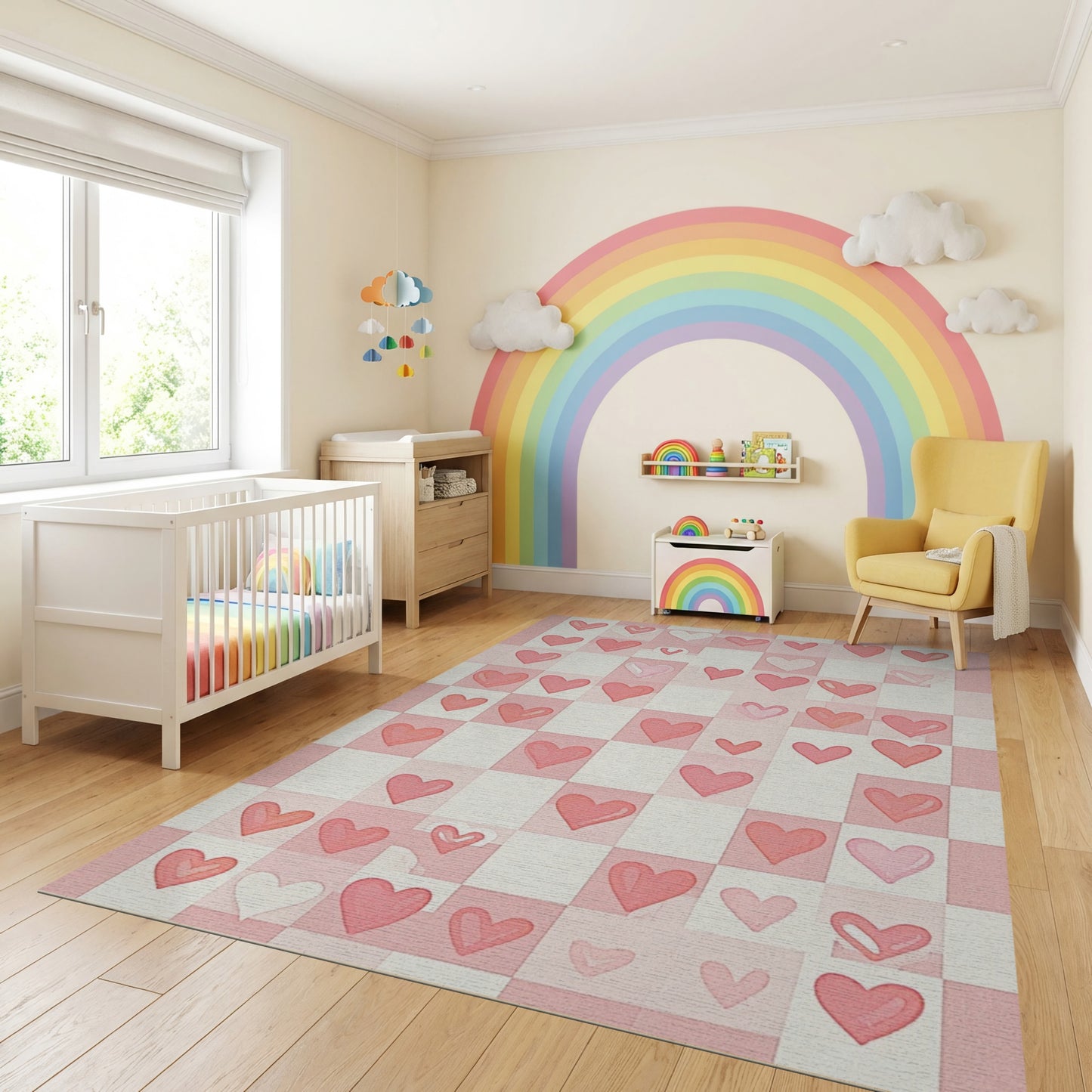 Whimsical Pink White Checkered Hearts Rug