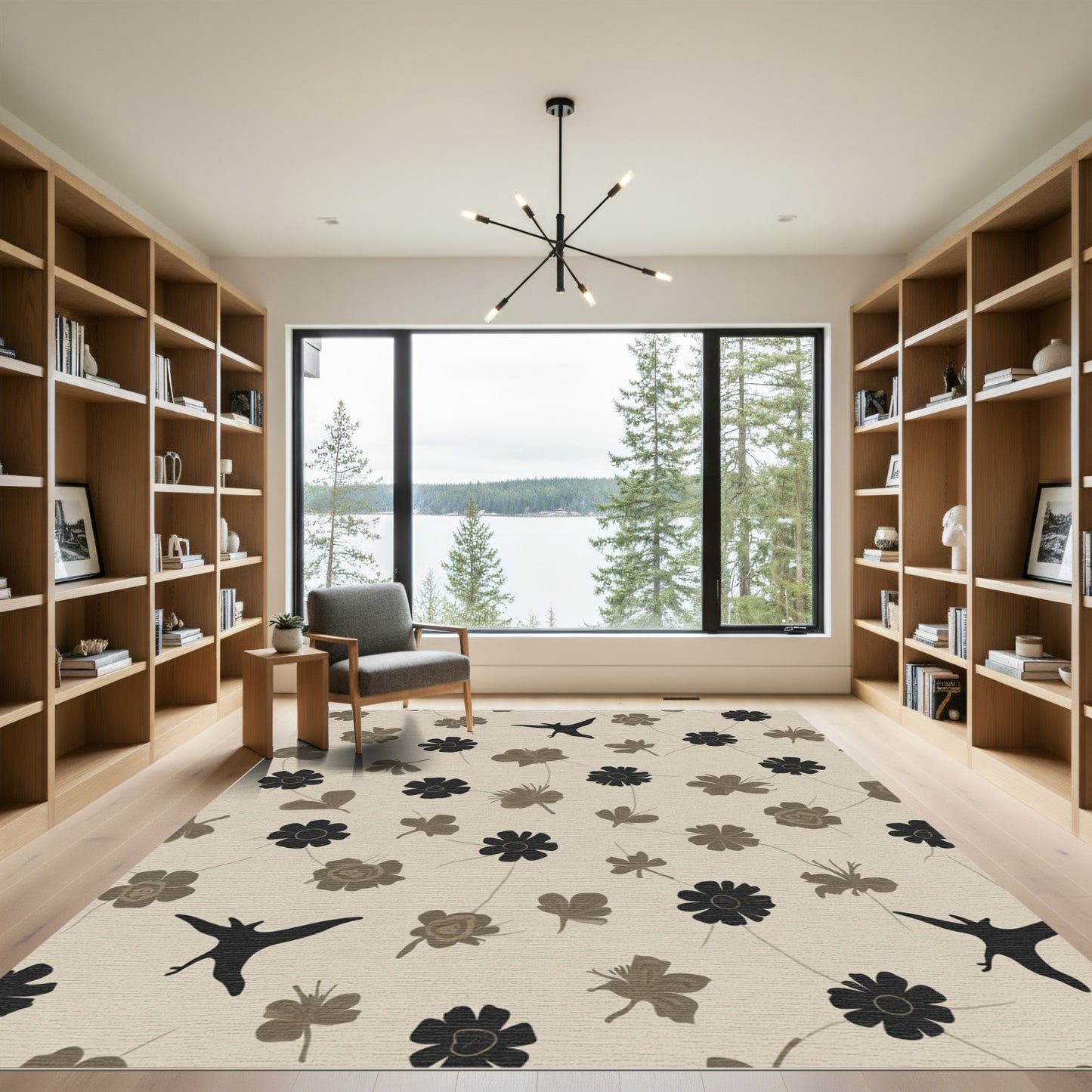 Neutral Tan Floral Black Bird Collage Rug