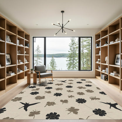 Neutral Tan Floral Black Bird Collage Rug