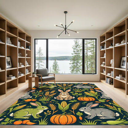 Harvest Rabbit Wheat and Pumpkin Illustration Rug