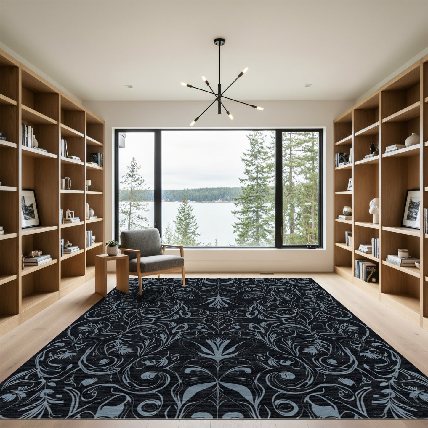 Elegant Charcoal Gray Floral Swirl Rug