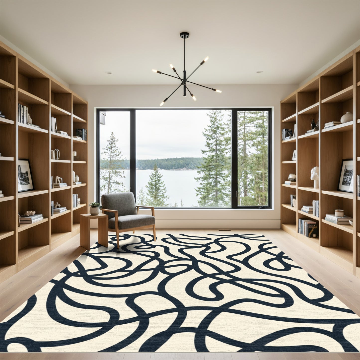 Cream Navy Swirling Abstract Lines Rug