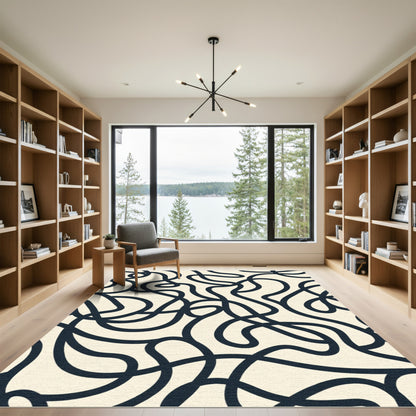 Cream Navy Swirling Abstract Lines Rug