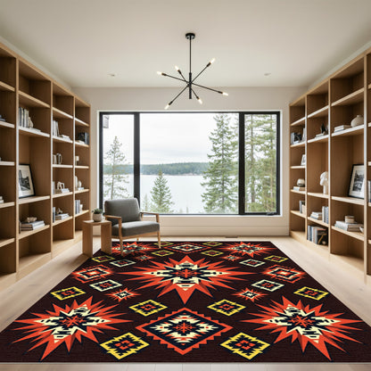 Expansive Red Geometric Star Burst Rug