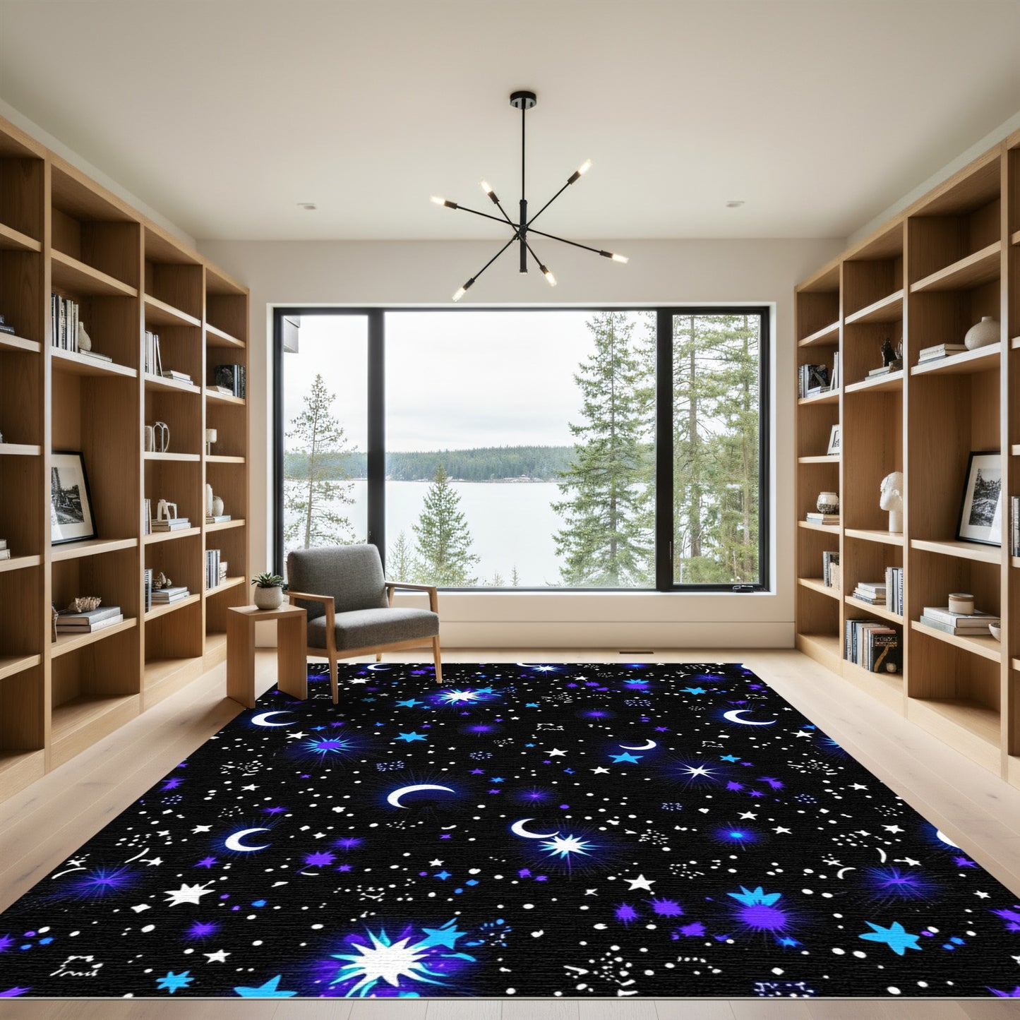Cosmic Blue Crescent Starry Night Rug