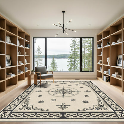 Ivory Black Floral Mandala Border Rug