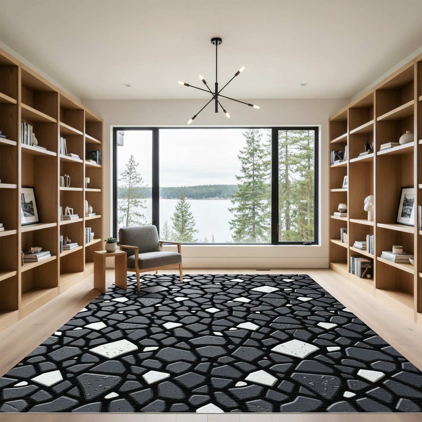 Modern Monochrome Abstract Stone Puzzle Rug