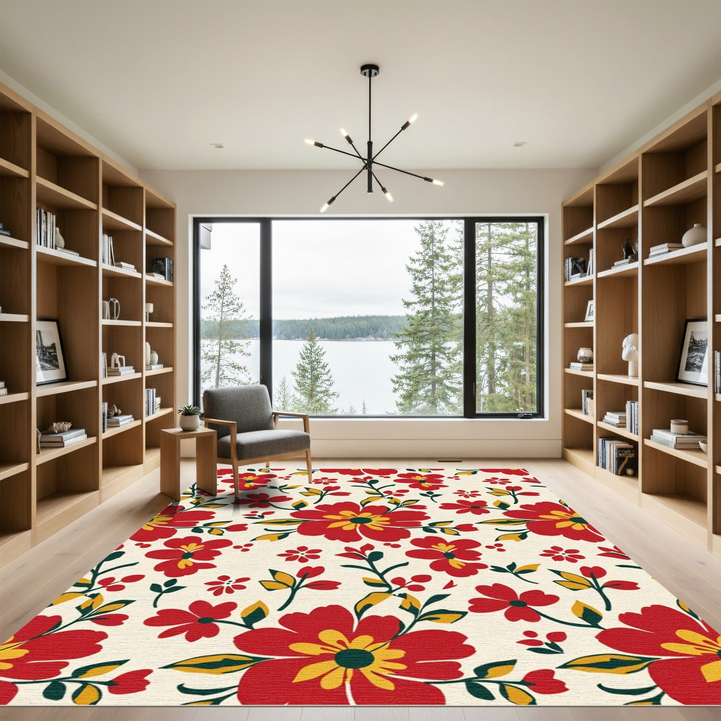 Vibrant Red Yellow Floral Swirls Rug
