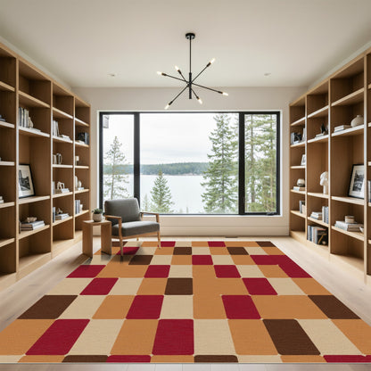 Retro Brick Red Tan Brown Blocks Rug