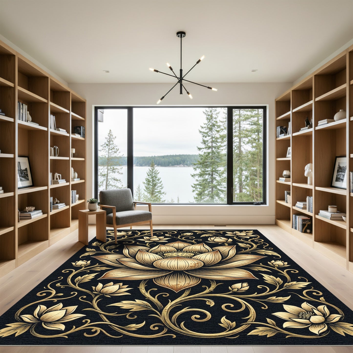 Elegant Gold Lotus Floral Scroll Rug