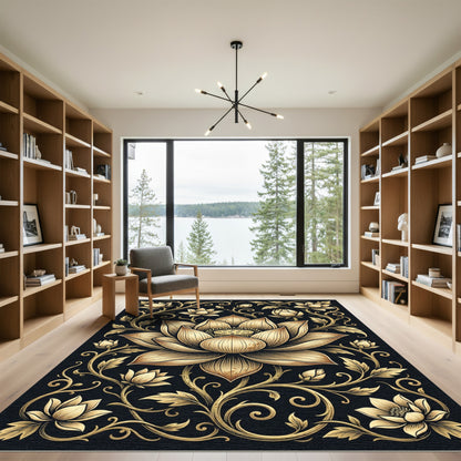 Elegant Gold Lotus Floral Scroll Rug