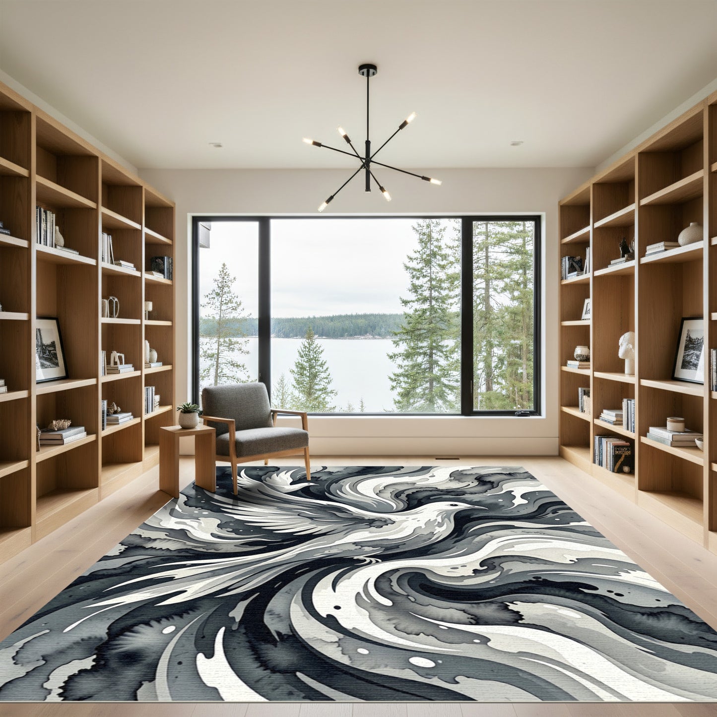Monochromatic White Doves Swirling Clouds Rug