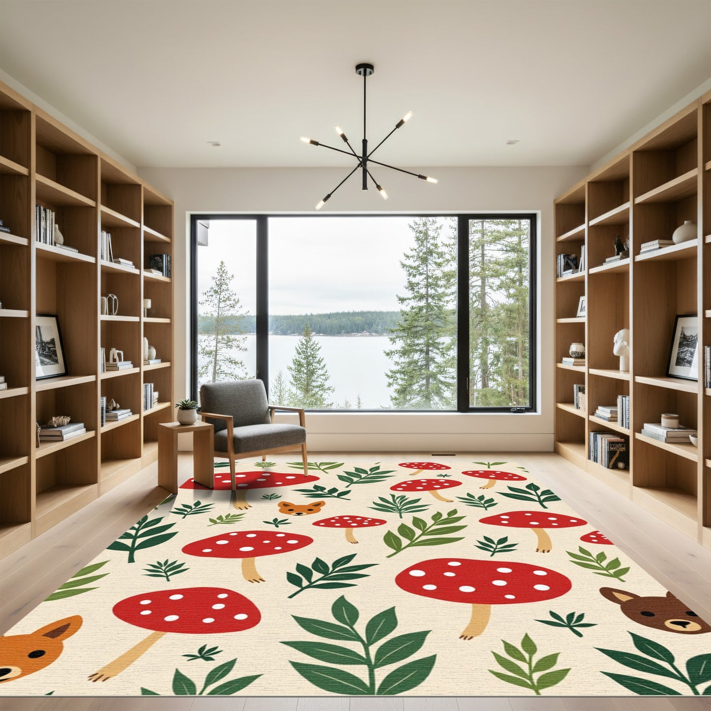 Red Mushroom Forest Friends Whimsical Foliage Rug