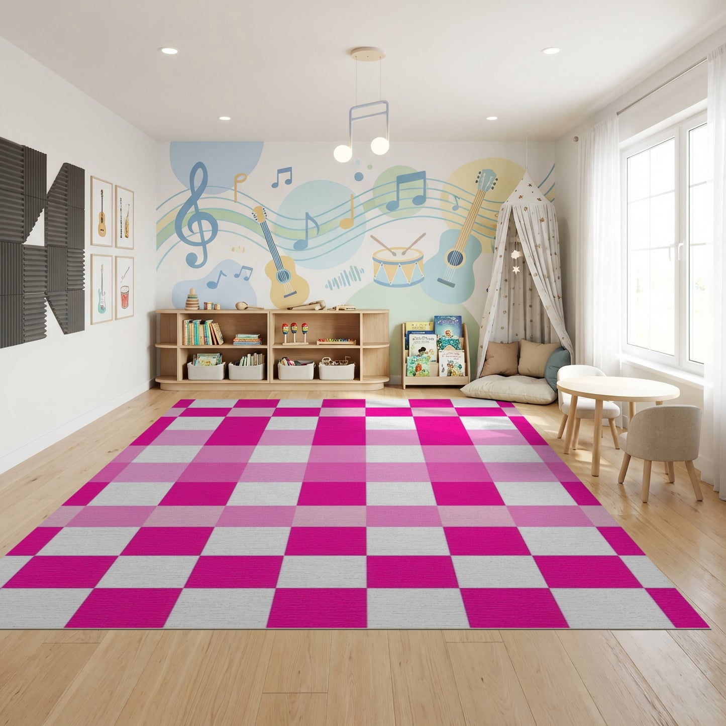 Vibrant Pink White Checkered Grid Rug