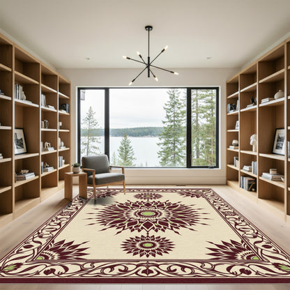 Deep Burgundy Floral Sunburst Mandala Rug