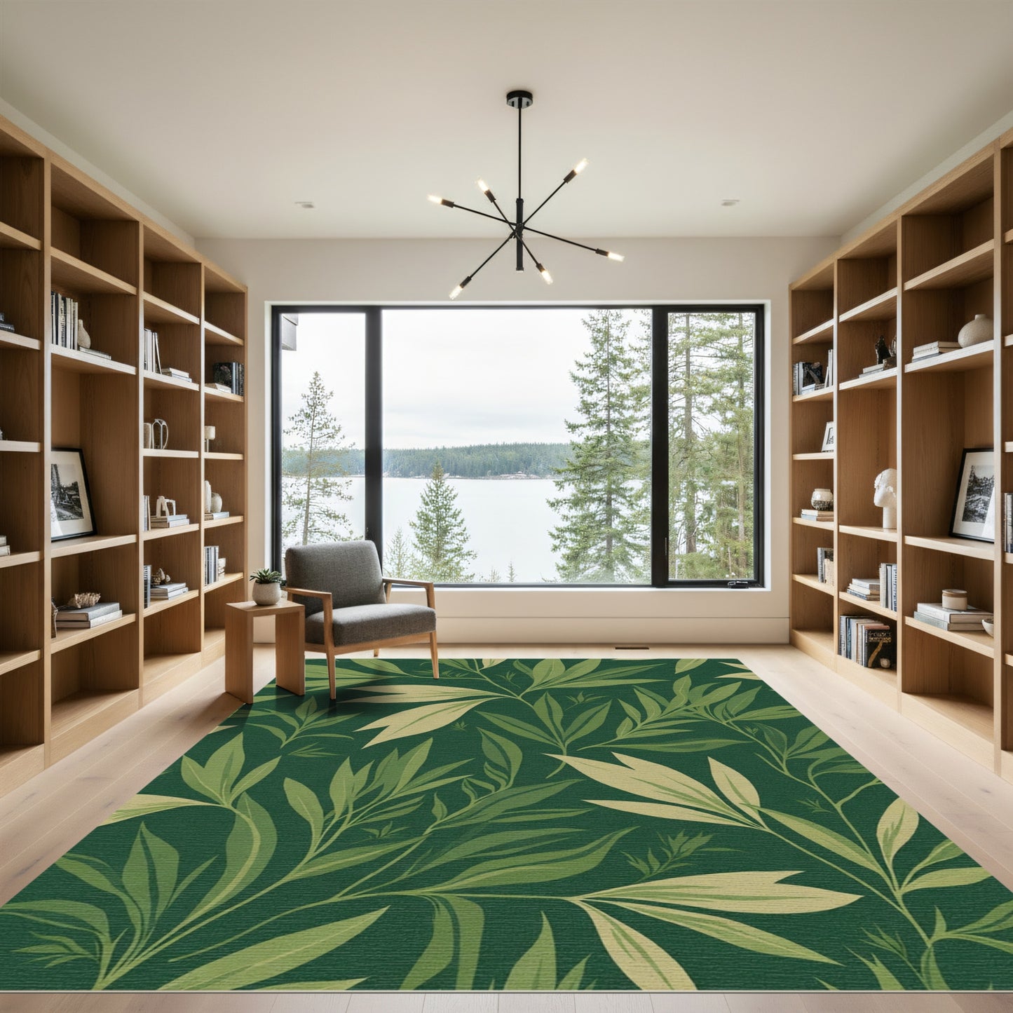 Deep Forest Green Leafy Botanical Rug