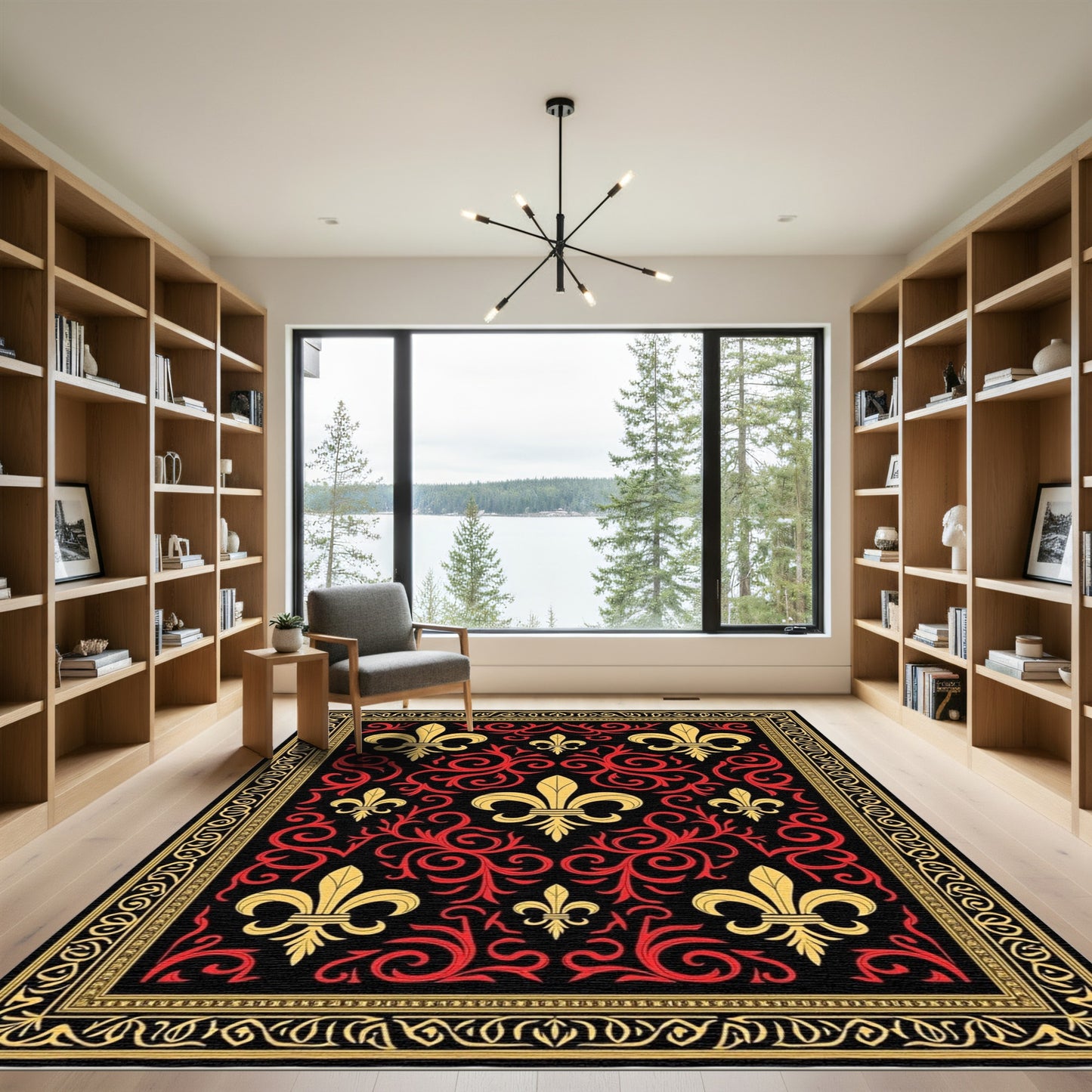 Gold Red Fleur De Lis Border Rug