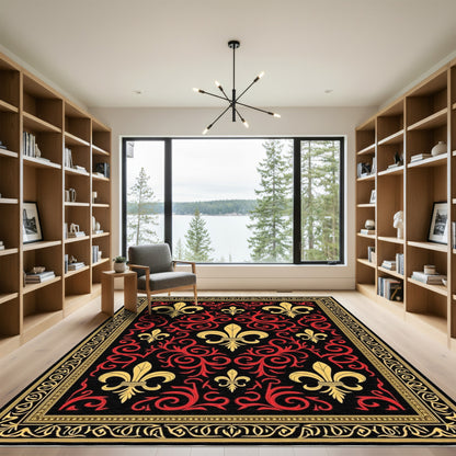 Gold Red Fleur De Lis Border Rug