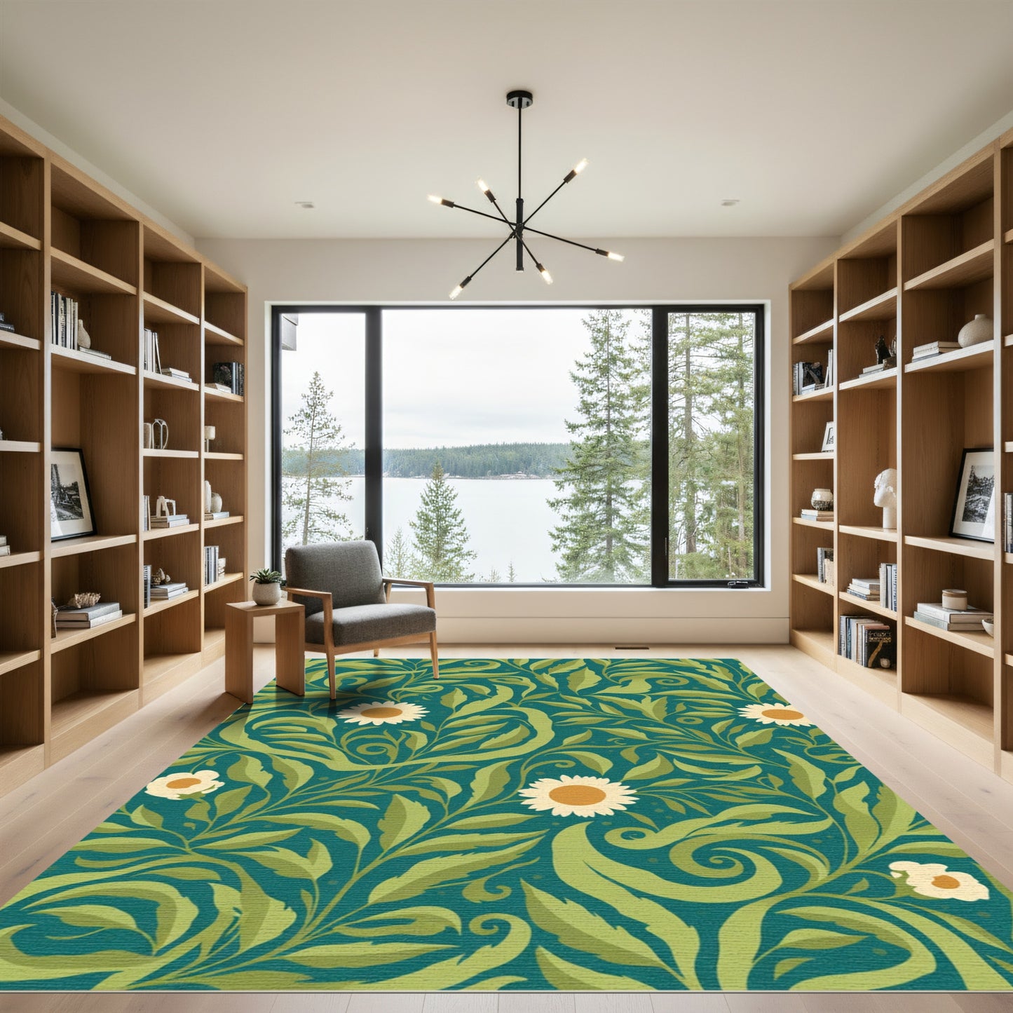 Green Teal Daisy Floral Art Nouveau Rug