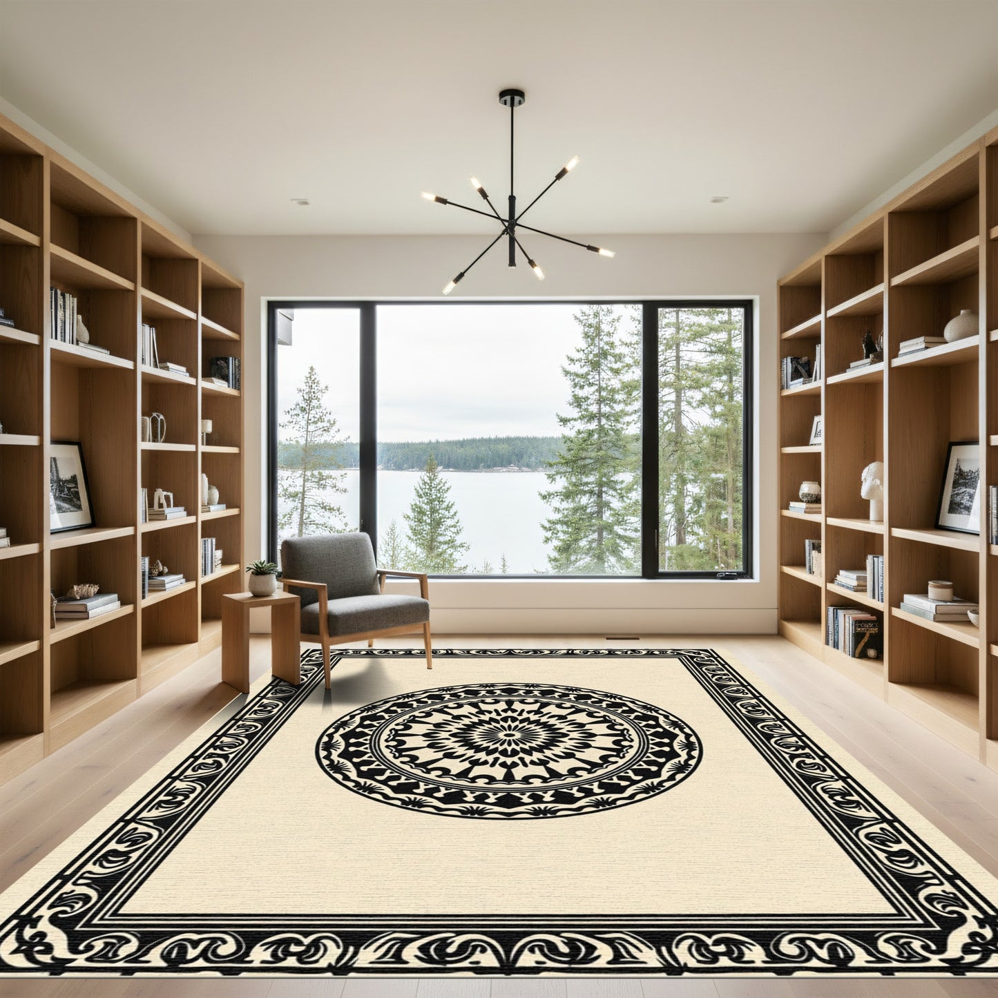Black Floral Medallion Border Rug
