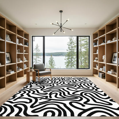 Black White Organic Abstract Lines Rug