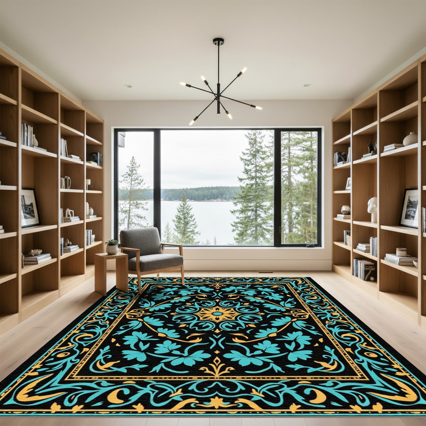 Black Teal Gold Floral Medallion Rug