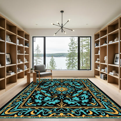 Black Teal Gold Floral Medallion Rug