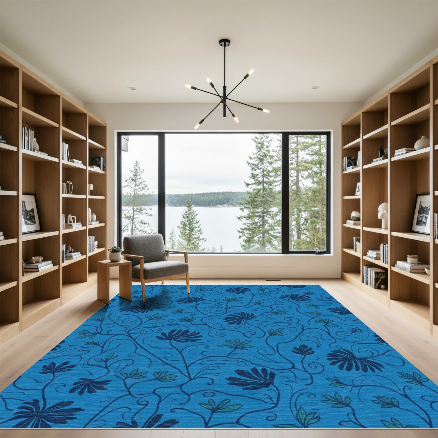 Deep Blue Floral Vine Swirl Rug
