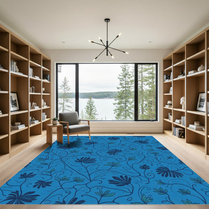Deep Blue Floral Vine Swirl Rug