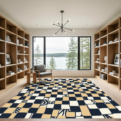 Checkerboard Abstract Black Tan Strokes Rug