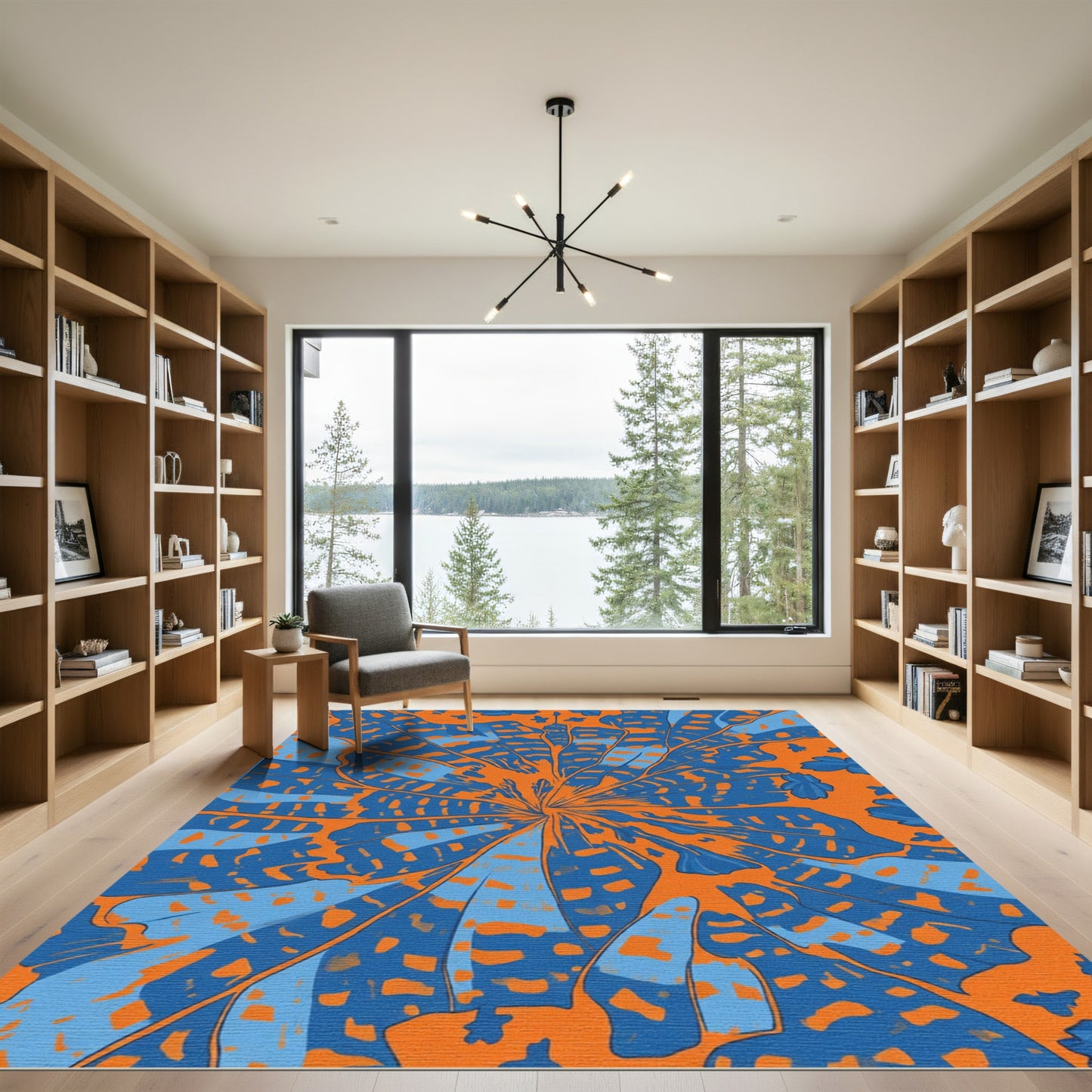 Vibrant Blue Orange Floral Burst Rug
