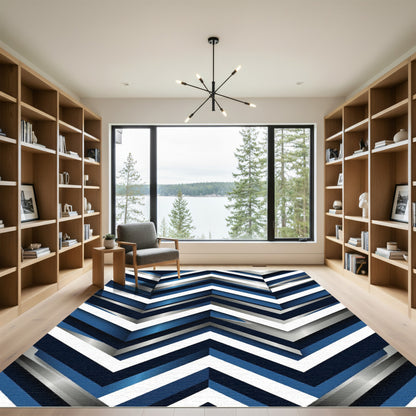 Modern Blue White Chevron Layered Rug