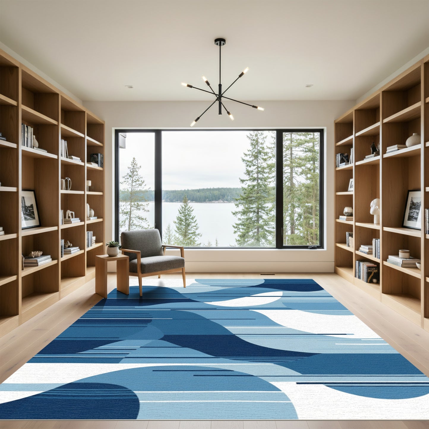 Abstract Blue Wave Stripe Composition Rug