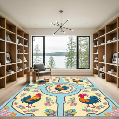 Sky Blue Rooster Floral Medallion Rug