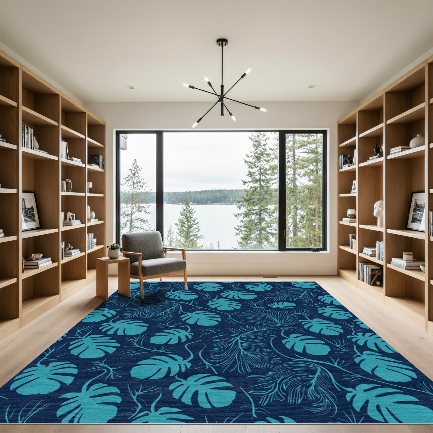 Deep Teal Tropical Leaf Pattern Rug