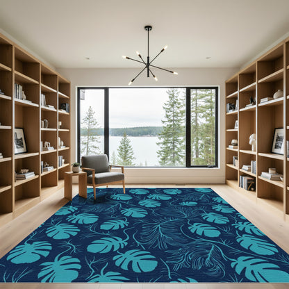 Deep Teal Tropical Leaf Pattern Rug