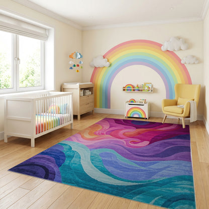 Vibrant Swirling Multicolor Waves Rug