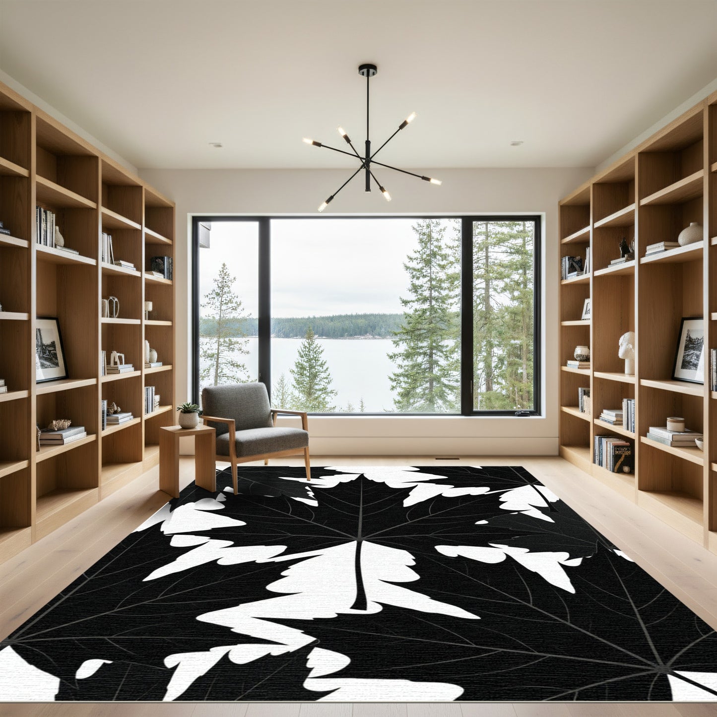 Monochromatic Black Maple Leaf Botanical Rug