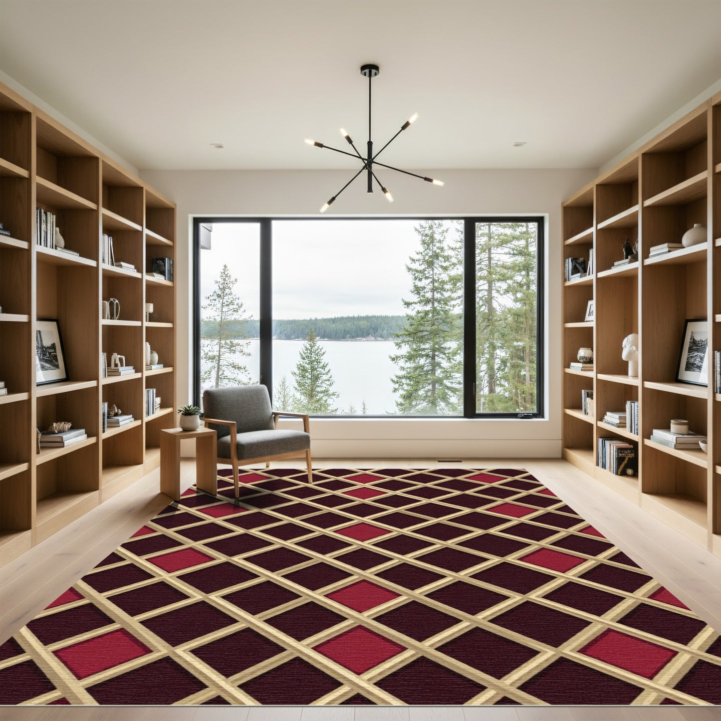 Crimson Lattice Diamond Grid Rug