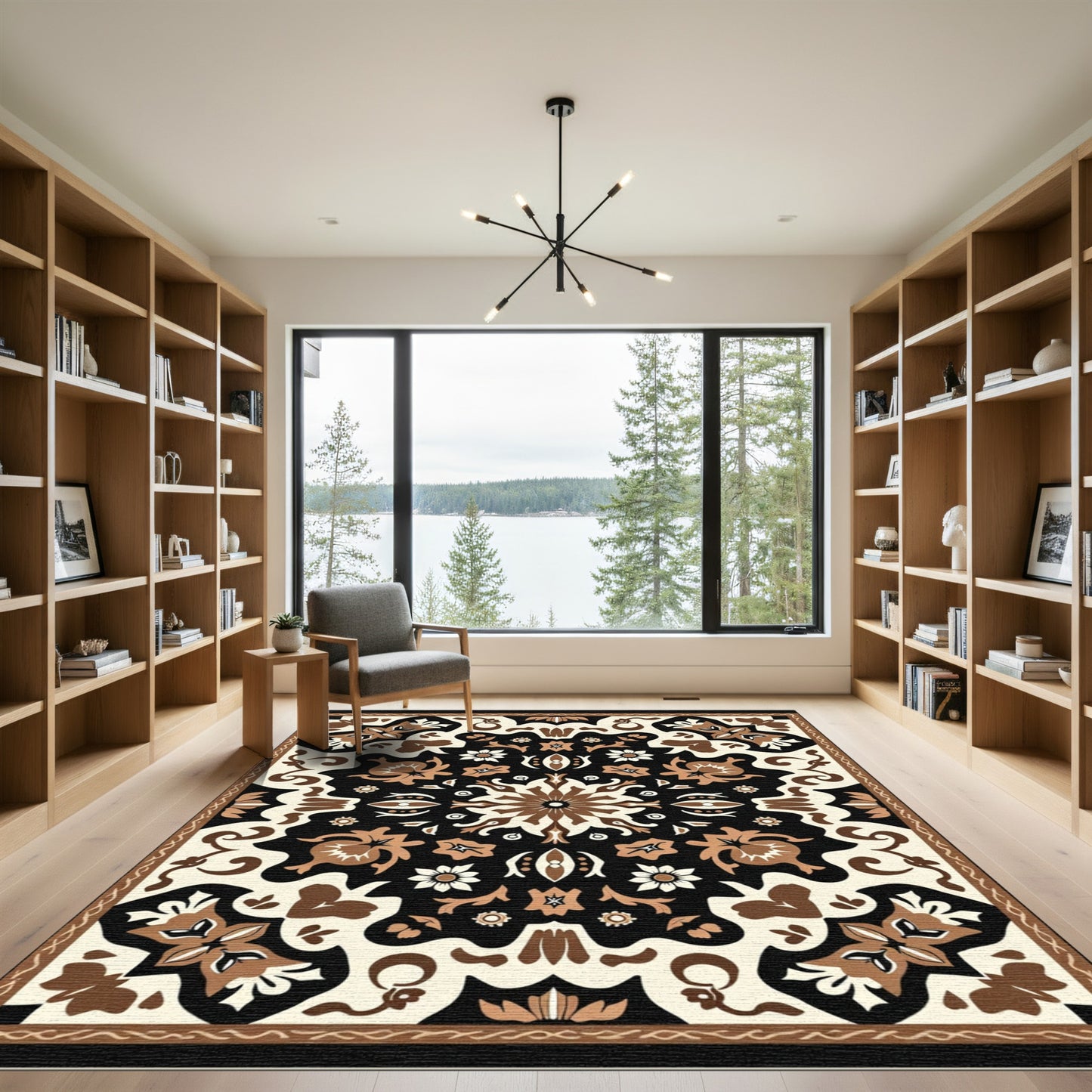 Dark Beige Floral Mandala Rug