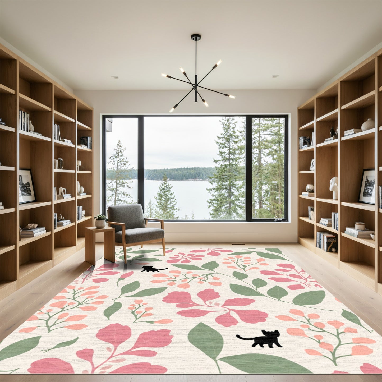 Whimsical Pink Green Flowering Cat Garden Rug