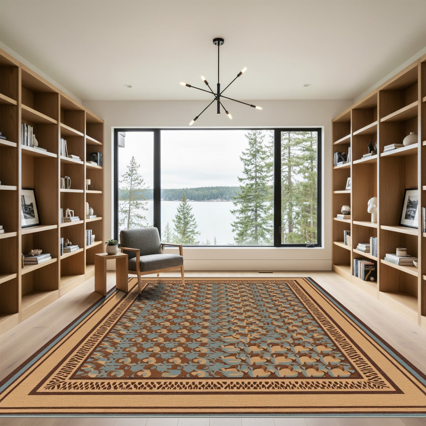 Brown Blue Abstract Geometric Border Rug
