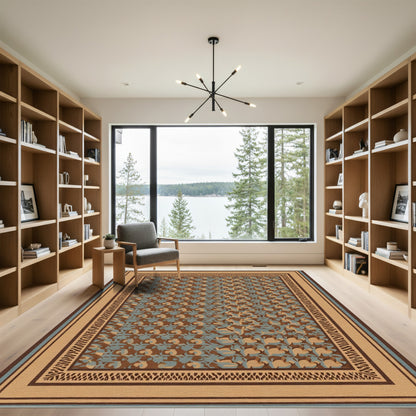 Brown Blue Abstract Geometric Border Rug