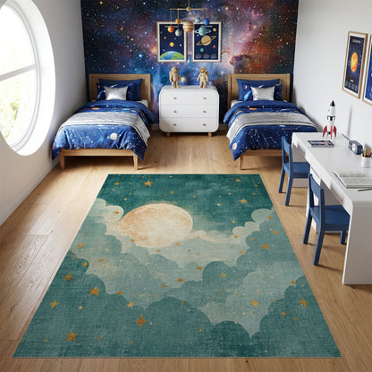 Teal Whimsical Stars Moon Clouds Rug