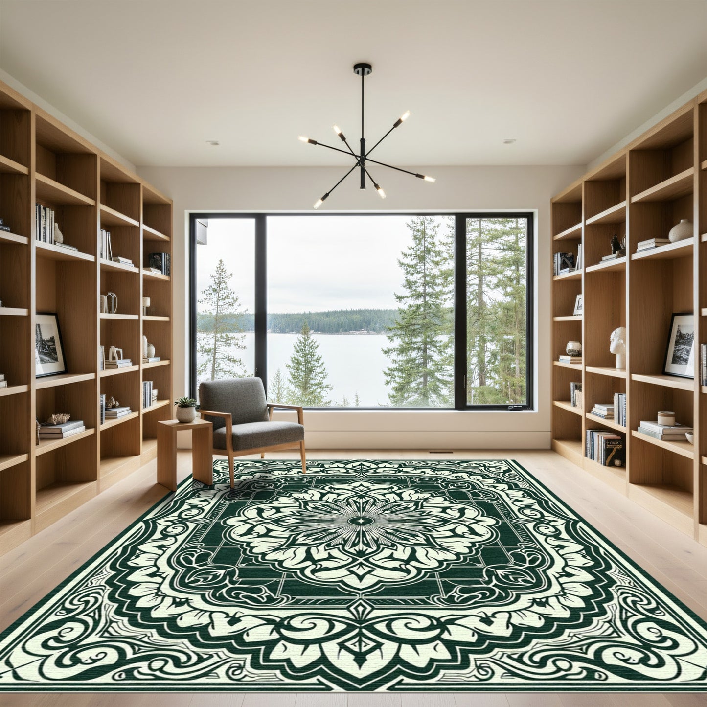 Deep Emerald Floral Mandala Art Rug