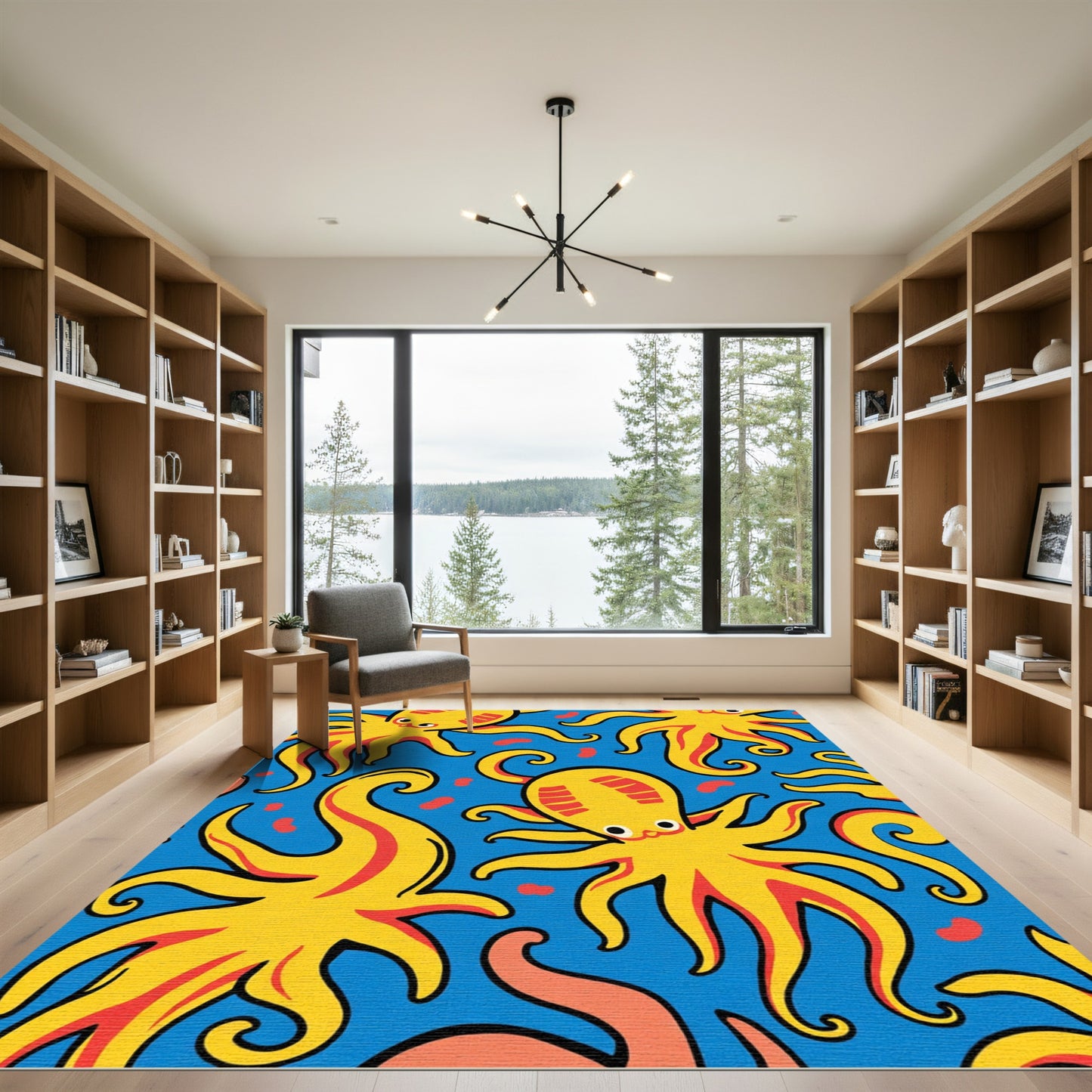 Bright Yellow Octopus Blue Ocean Rug