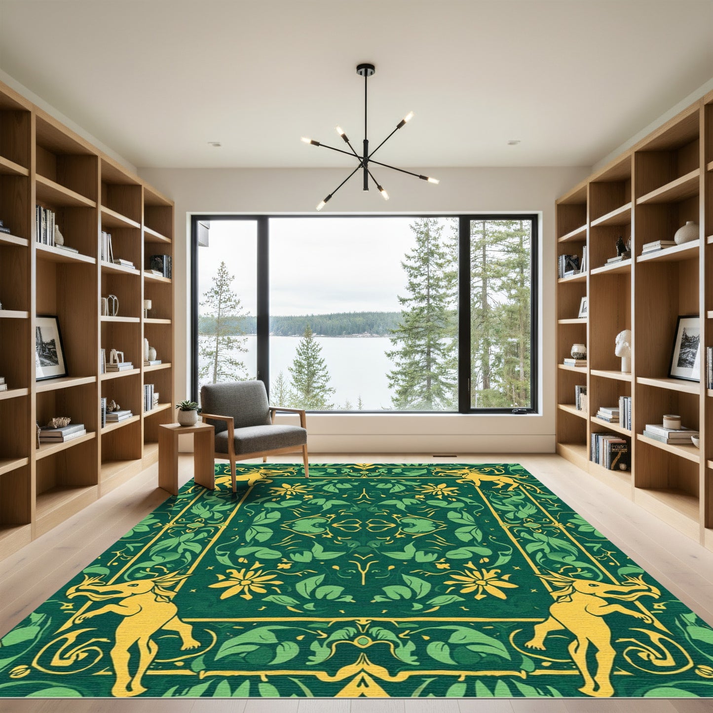 Golden Mythical Beasts Green Floral Rug